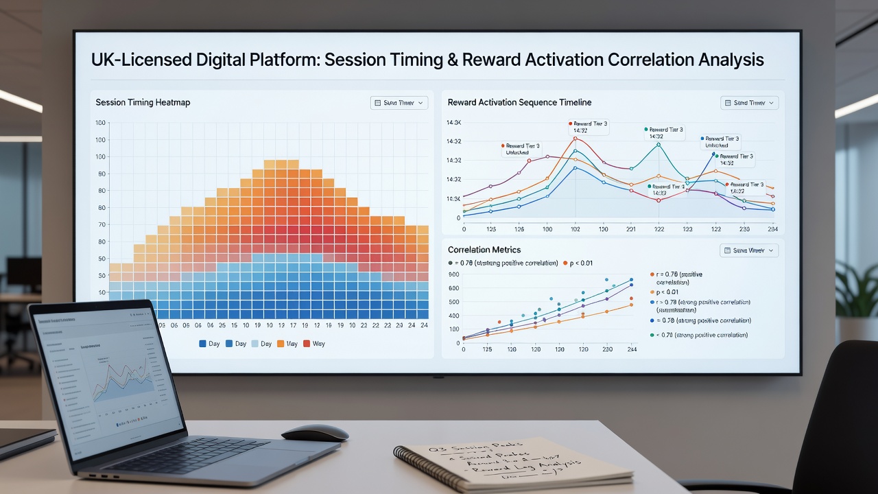Analytics dashboard displaying correlations between session timing data and reward sequences on UK-licensed platforms